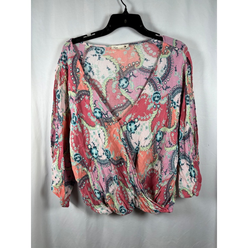 Maven Women XL Pink‎ Paisley Floral Surplice V-Neck Long Sleeve Blouse